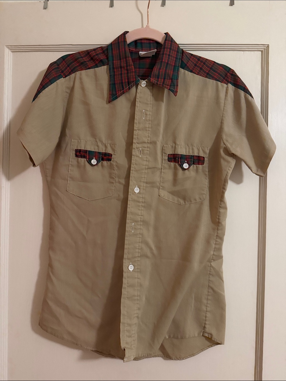 Vintage Tan Short-Sleeve Button-Down with Red & Green Plaid Accents